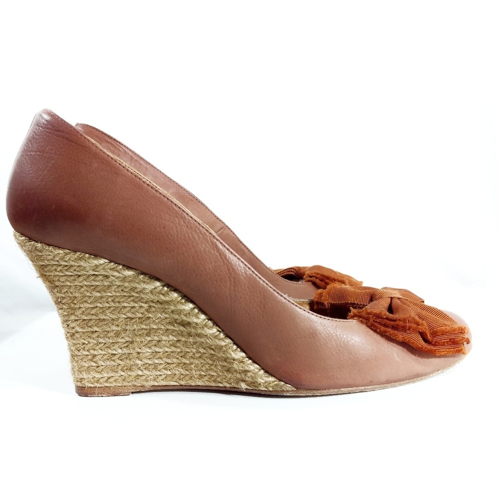 Lanvin Brown Leather Bow-Toe Woven Wedge- 10